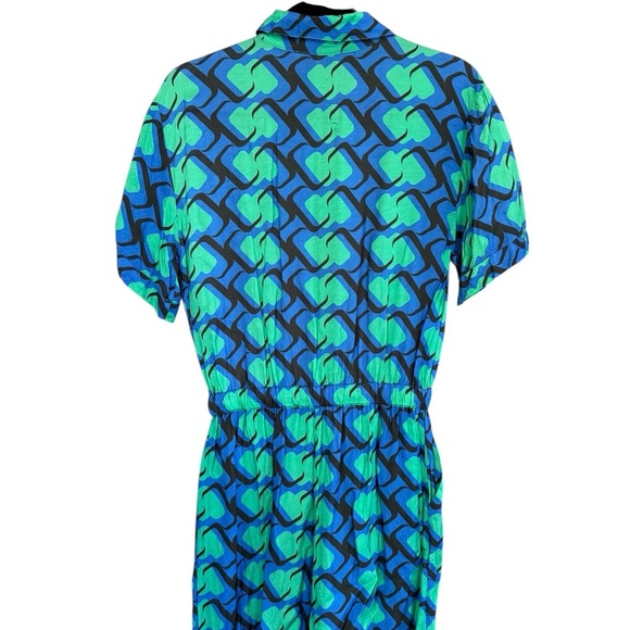 adL Blue, Green, Black Patterned Jumpsuit Romper with Cinched Waist and Collar. - Picture 8 of 8
